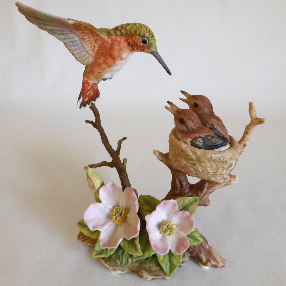 1995 ALLEN’S HUMMINGBIRD & BABIES BIRDS NOOTKA ROSE PORCELAIN BRONZE FIGURE USED